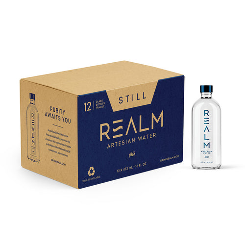 Realm Artesian Water still 12-pack case with single glass bottle 473ml 16 fl oz