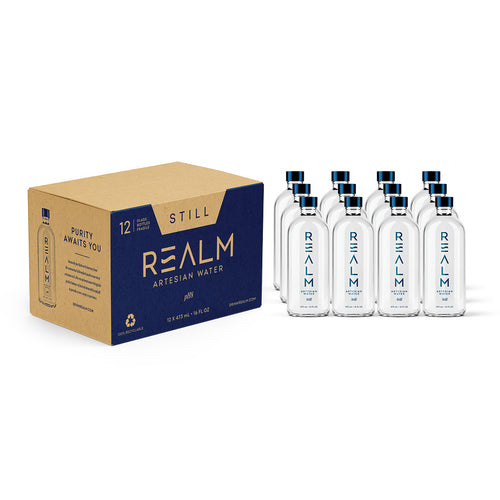 Realm Artesian Water 12-pack case with 12 still water glass bottles 473ml 16 fl oz