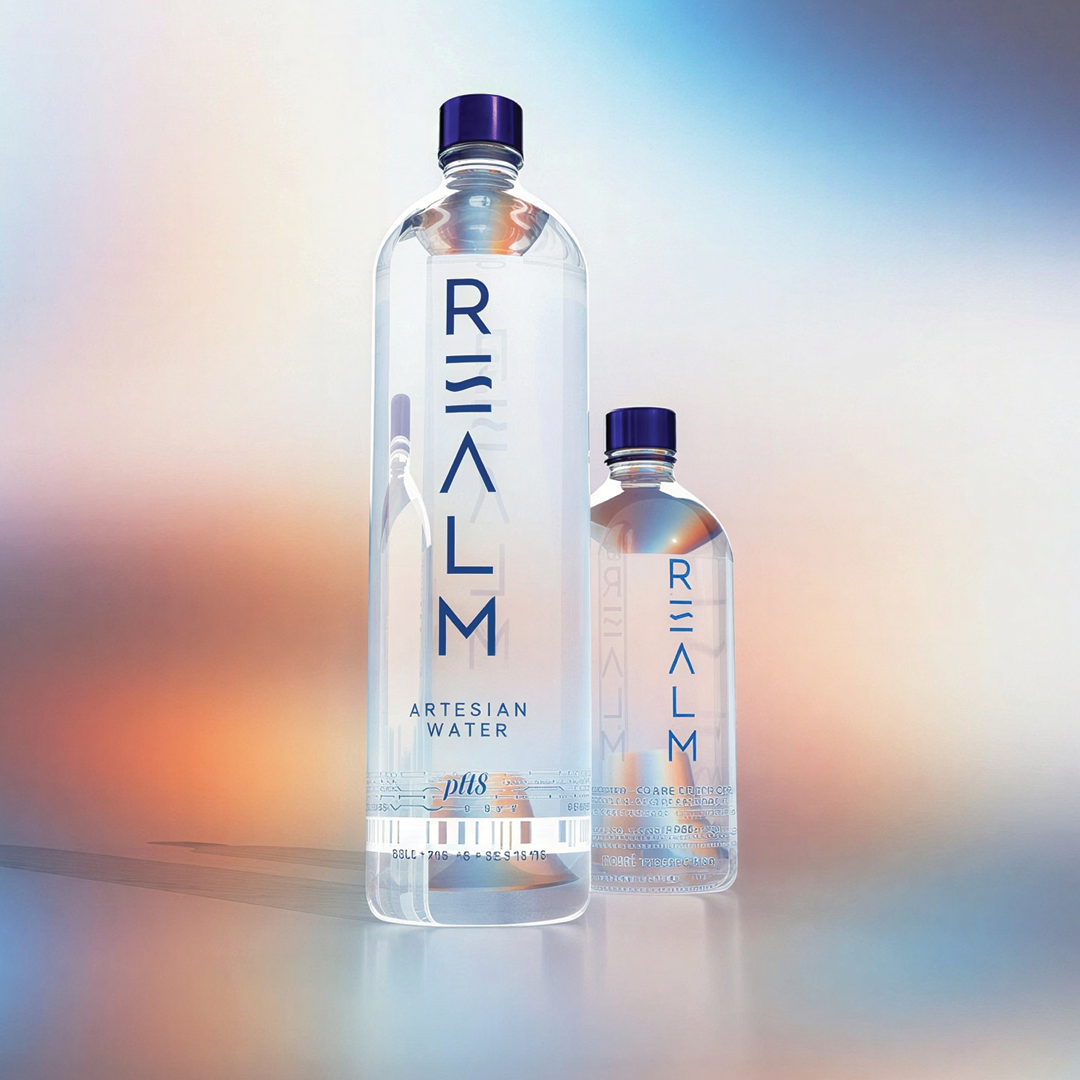 REALM 750 mL and 473 mL artesian water bottles in glass
